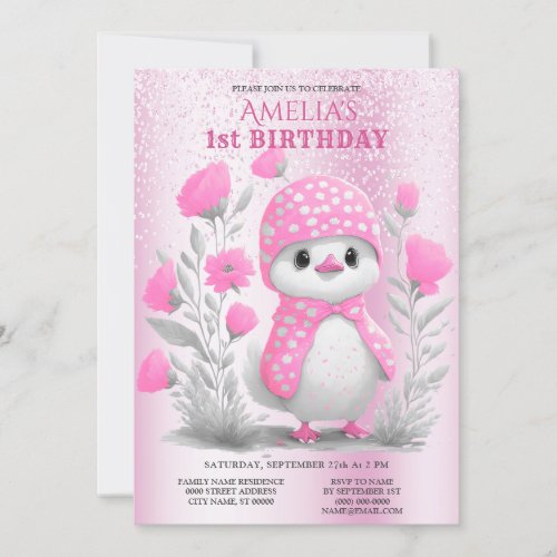 Watercolor Duck Pink Floral 1st Birthday Invitation