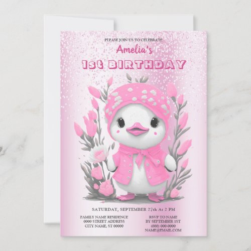 Watercolor Duck Pink Flower 1st Birthday Invitation