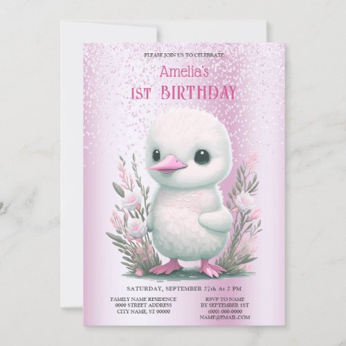 Watercolor Duck Pink Flower 1st Birthday Invitation