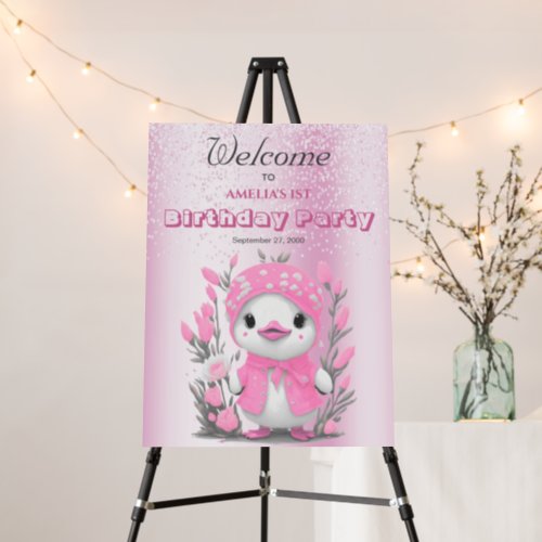 Watercolor Duck Pink Flower Birthday Welcome Foam Board