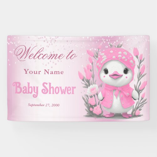 Watercolor Duck Pink Flowers Baby Shower Welcome Banner
