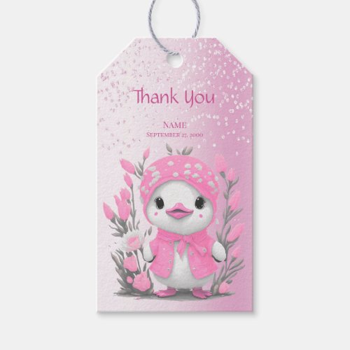Watercolor Duck Pink Flowers Gift Tag