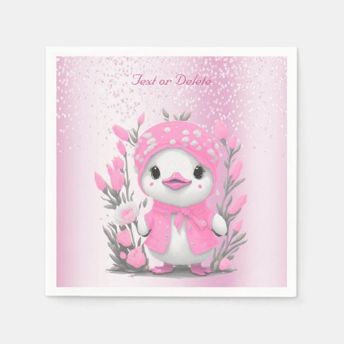 Watercolor Duck Pink Flowers Napkins