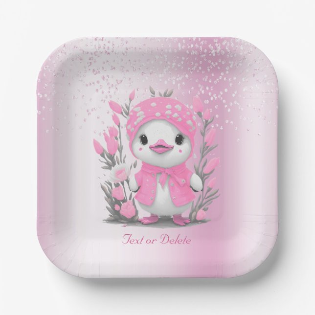 Watercolor Duck Pink Flowers Paper Plate (Front)