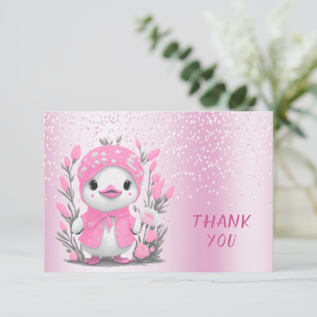 Watercolor Duck Pink Flowers Thank You Card (Standing Front)