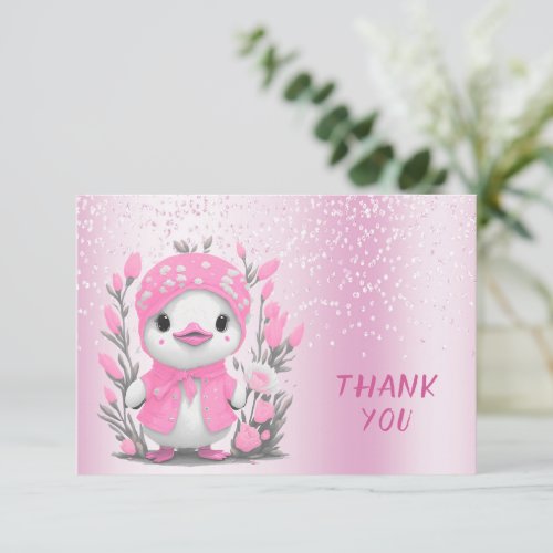 Watercolor Duck Pink Flowers Thank You Card