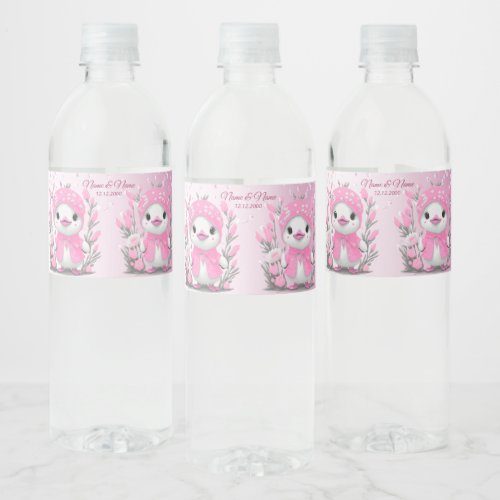 Watercolor Duck Pink Flowers Water Bottle Label