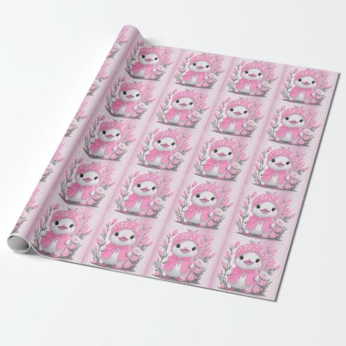 Watercolor Duck Pink Flowers Wrapping Paper