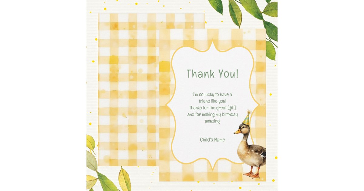 Watercolor Duck Yellow Birthday Party Thank You Card | Zazzle