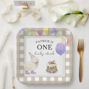 Watercolor Duckling 1st birthday Paper Plates