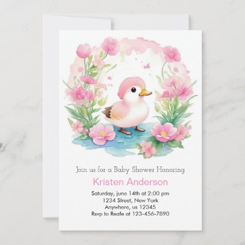 Watercolor Duckling Pink Girl Baby Shower Invitation