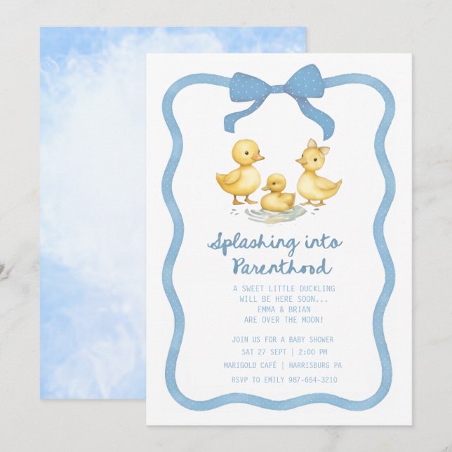 Watercolor Duckling Puddle Splash Gender Neutral Invitation (Front/Back)