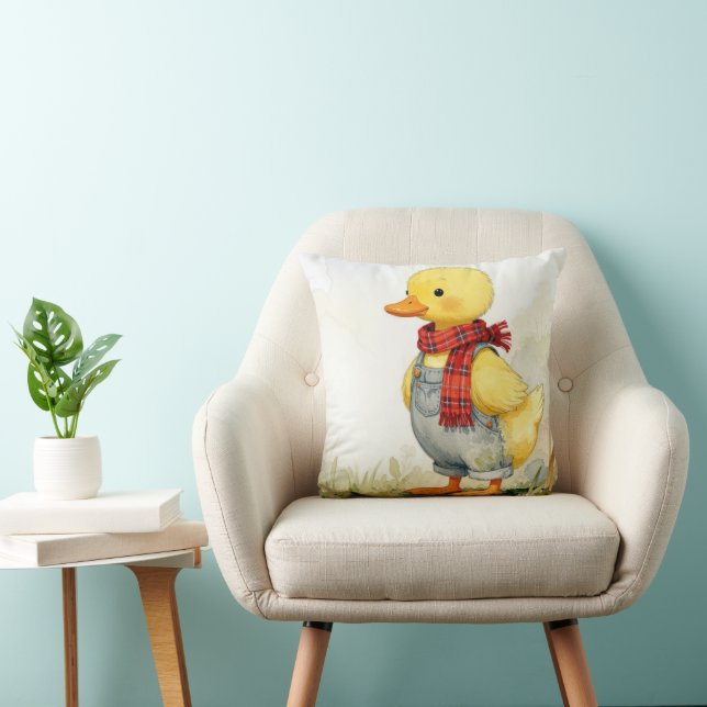 Watercolor Duckling Wearing Denim Overalls Throw Pillow (Chair)