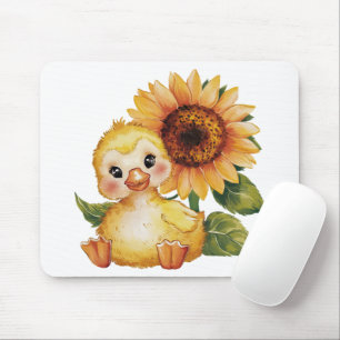 Watercolor Duckling With Sunflower Mouse Pad
