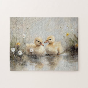 Watercolor Ducklings Dandelion Flowers Jigsaw Puzzle