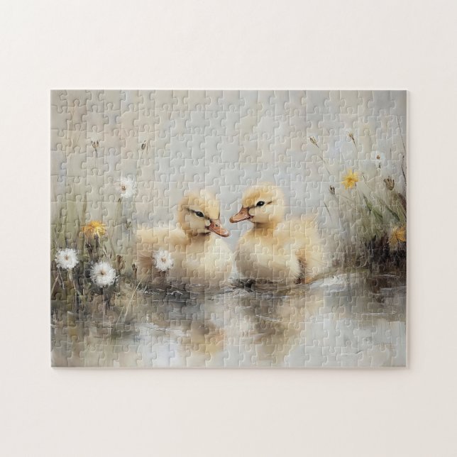 Watercolor Ducklings Dandelion Flowers Jigsaw Puzzle (Horizontal)