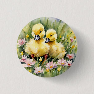 Watercolor Ducklings in Wildflower Meadow Button