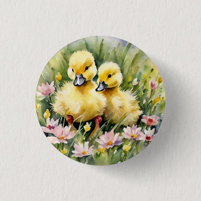 Watercolor Ducklings in Wildflower Meadow Button (Front)