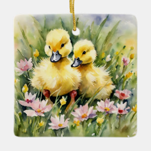 Watercolor Ducklings in Wildflower Meadow Ceramic Ornament
