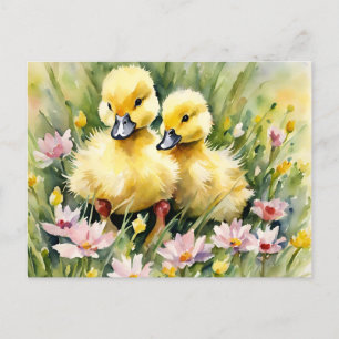 Watercolor Ducklings in Wildflower Meadow Holiday Postcard