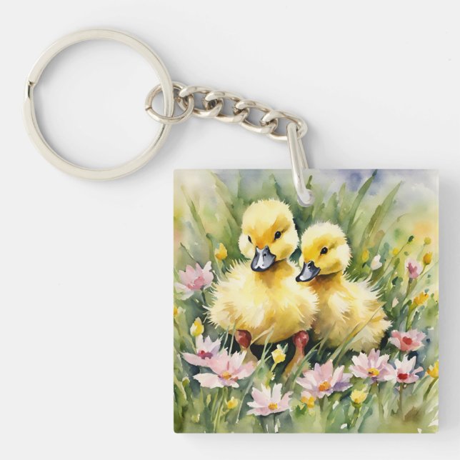 Watercolor Ducklings in Wildflower Meadow Keychain (Front)