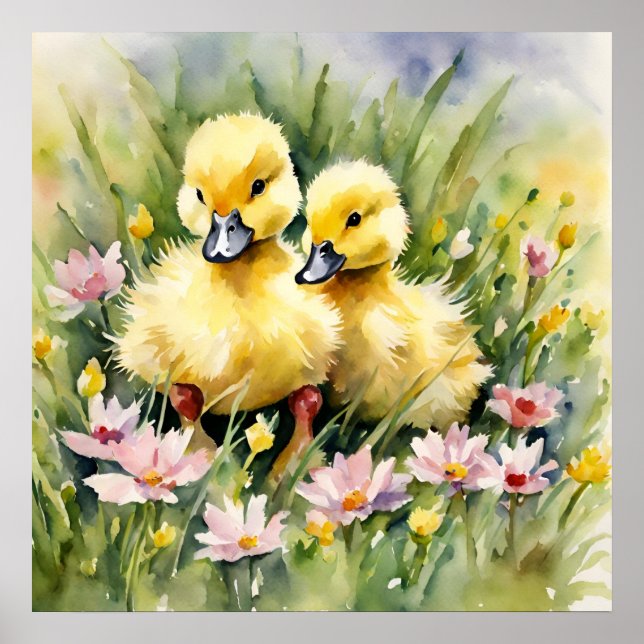 Watercolor Ducklings in Wildflower Meadow Poster (Front)
