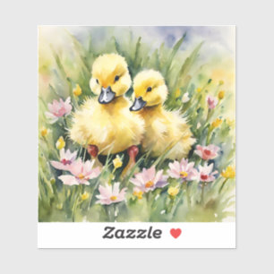 Watercolor Ducklings in Wildflower Meadow Sticker