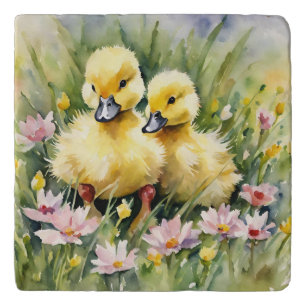 Watercolor Ducklings in Wildflower Meadow Trivet