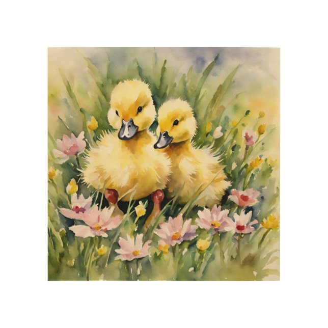Watercolor Ducklings in Wildflower Meadow Wood Wall Art (Front)