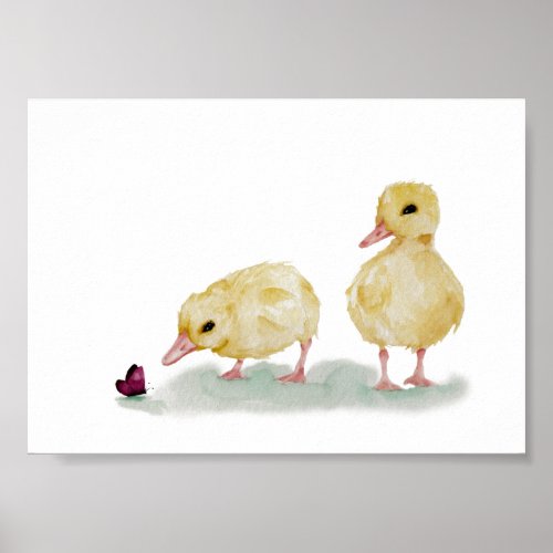 Watercolor Ducklings with Butterfly Poster