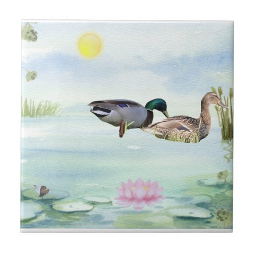 Watercolor Ducks with Lotus n Butterfly Ceramic Tile
