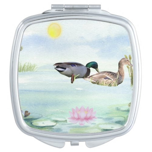 Watercolor Ducks with Lotus n Butterfly Compact Mirror