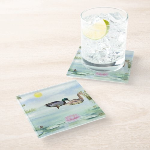 Watercolor Ducks with Lotus n Butterfly Glass Coaster