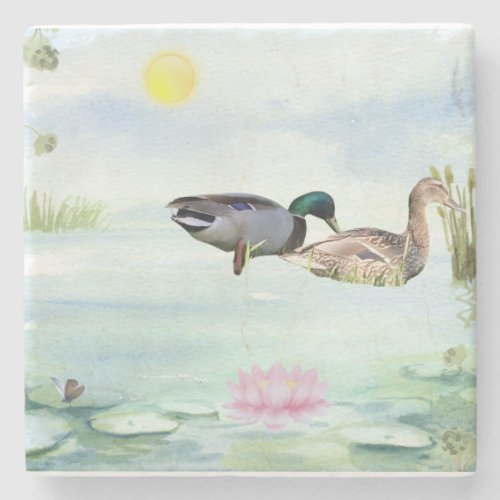 Watercolor Ducks with Lotus n Butterfly Stone Coaster
