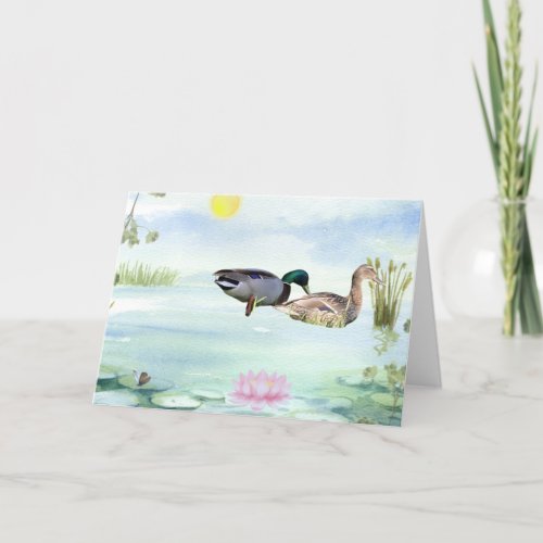 Watercolor Ducks with Lotus n Butterfly Thank You Card