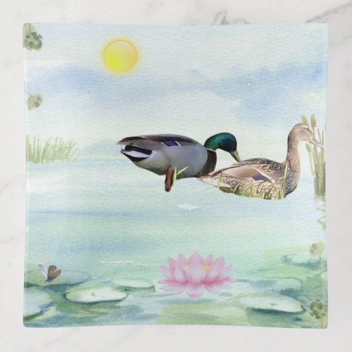 Watercolor Ducks with Lotus n Butterfly Trinket Tray