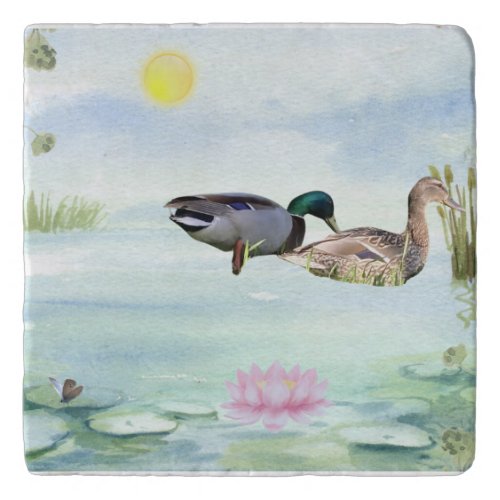 Watercolor Ducks with Lotus n Butterfly Trivet