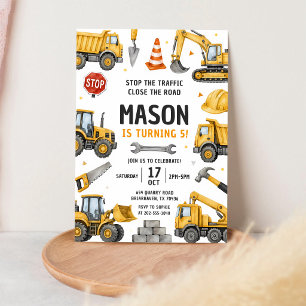 Watercolor Dump Truck 5th Birthday Invitation