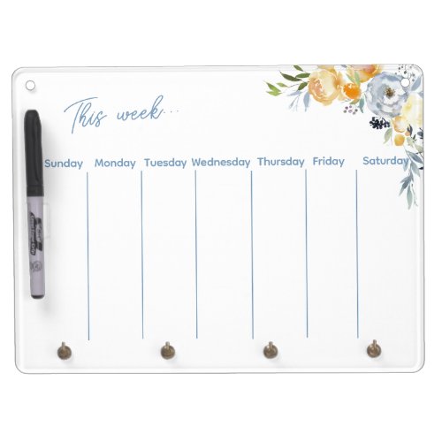 Watercolor Dusk Blue Floral Weekly Calendar Dry Erase Board With Keychain Holder