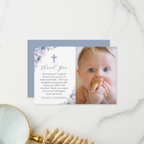 Watercolor Dusty Baby Blue Floral Photo Baptism Thank You Card