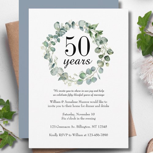 Watercolor Dusty Blue 50th Wedding Anniversary  Invitation