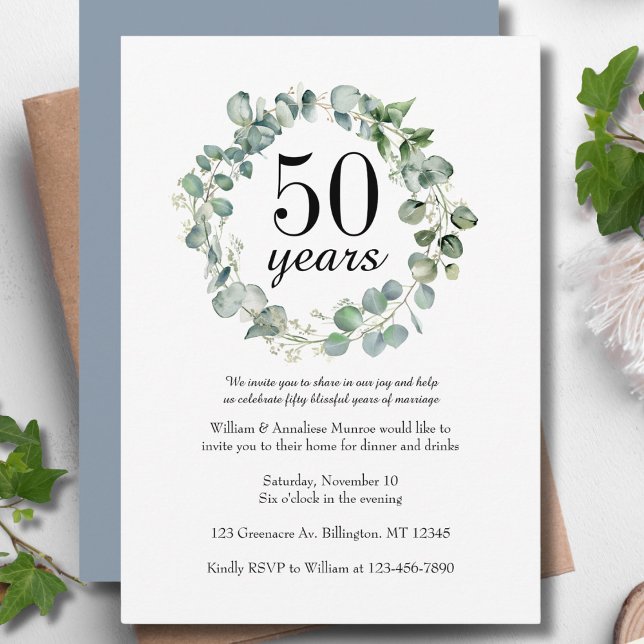Watercolor Dusty Blue 50th Wedding Anniversary  Invitation (Creator Uploaded)