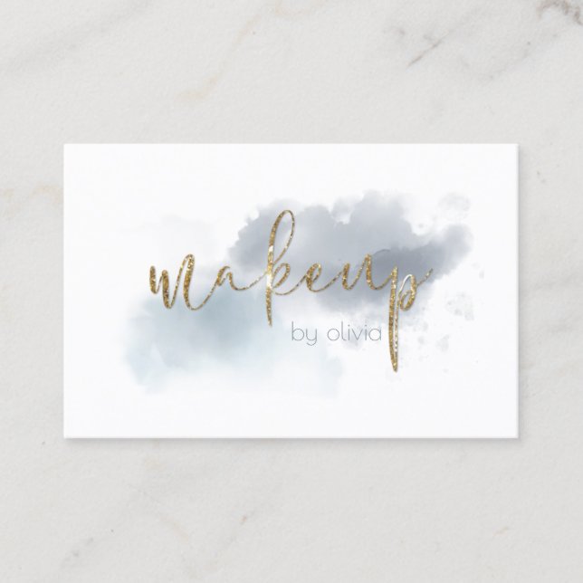 Watercolor Dusty Blue and Gold Makeup Business Card (Front)