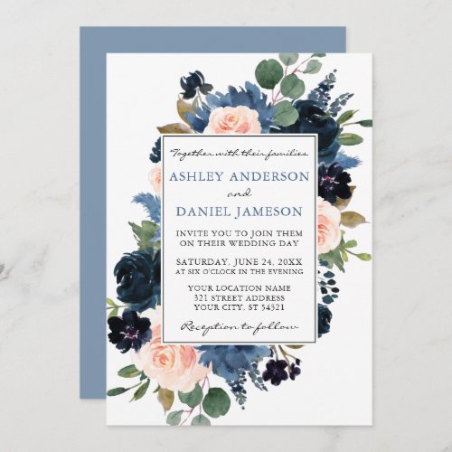 Watercolor Dusty Blue and Pink Floral Wedding Invitation