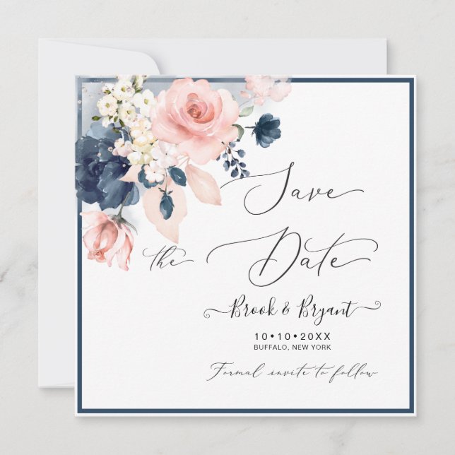 Watercolor Dusty Blue Blush Roses Invitation (Front)