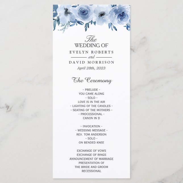 Watercolor Dusty Blue Bohemian Floral Wedding Program (Front)