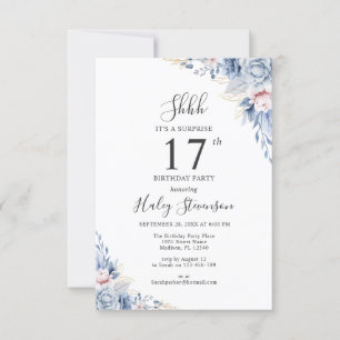 Watercolor Dusty Blue Boho Budget 17th Birthday Invitation