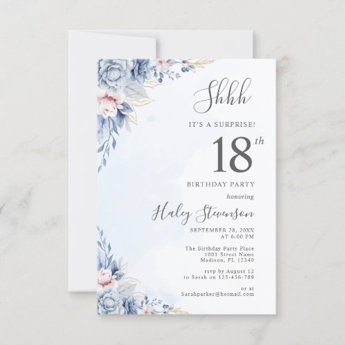 Watercolor Dusty Blue Boho Budget 18th Birthday Invitation