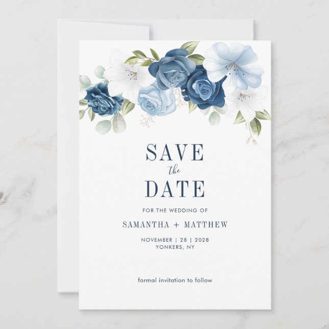 Watercolor Dusty Blue Botanical Eucalyptus Save The Date (Front)