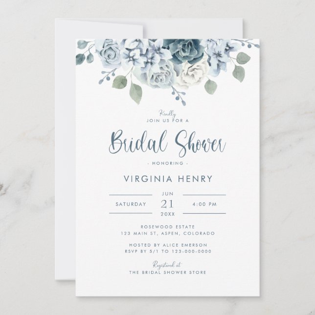 Watercolor Dusty Blue Bridal Shower Invitation (Front)